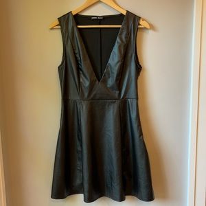 SHEIN Black V-Neck Pleather Mini Dress - 6 (M)